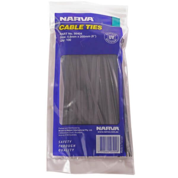 "100 Pack of Narva 4.8 x 200mm Cable Ties - Durable & Reusable"