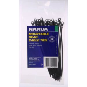 "25 Pack Narva Mountable Head Cable Tie 3.2 X 160Mm - Secure & Durable Fastening Solution"