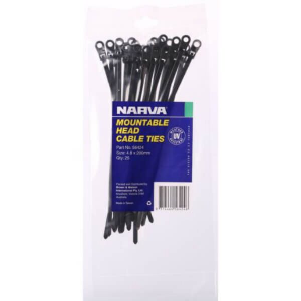"25 Pack of Narva Mountable Head Cable Tie 4.8 X 200Mm - Secure Your Cables Now!"