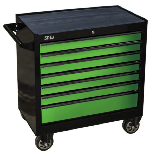 "SP Tools SP40127 Sumo Series 7-Drawer Roller Cabinet - Black/Green Drawers"