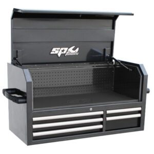 "Power Up Your Tool Storage with SP Tools SP40620 Sumo Series 5-Drawer Hutch Top Box - Black/Chrome Handles"